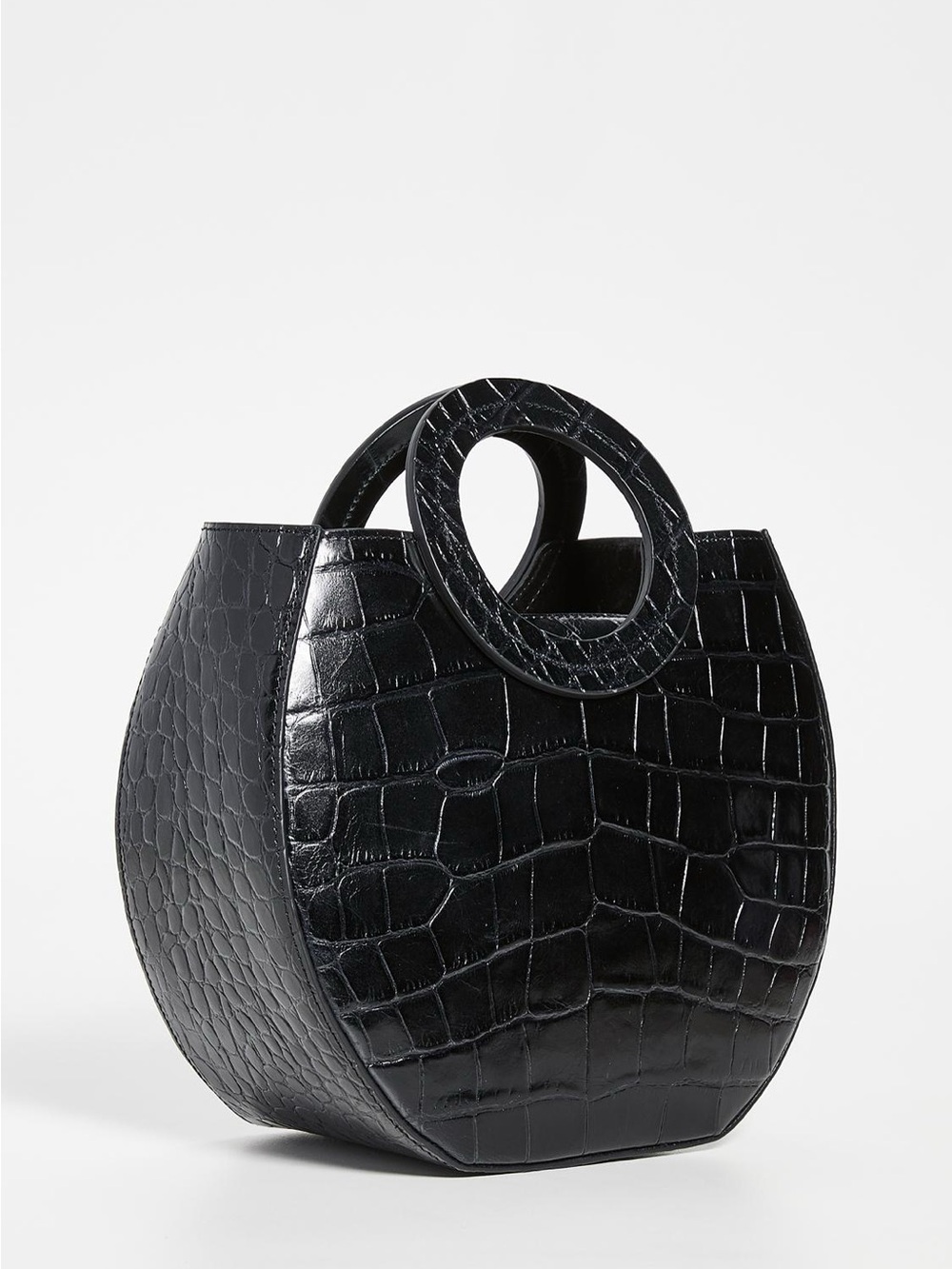 STAUD Frida Black Croc-Embossed Round Handle Tote in Black